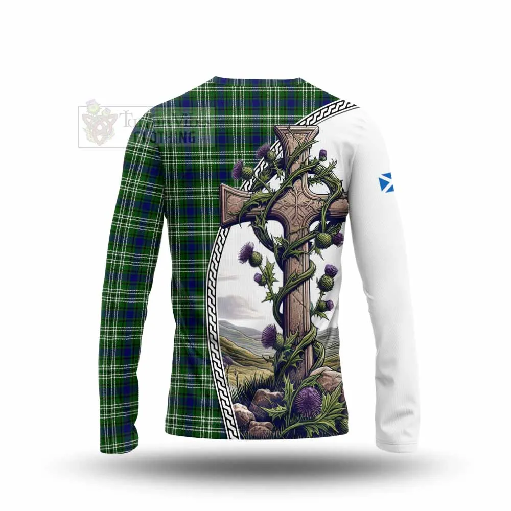 Blackadder Tartan Long Sleeve T-Shirt with Family Crest and St. Andrew's Cross Accented by Thistle Vines
