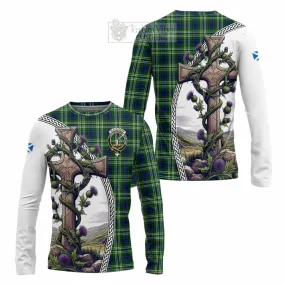 Blackadder Tartan Long Sleeve T-Shirt with Family Crest and St. Andrew's Cross Accented by Thistle Vines