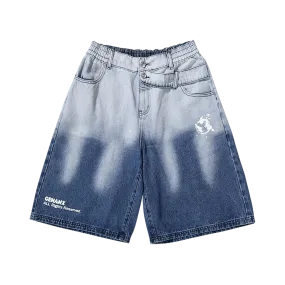 Blue and white gradient Lightning printed button belt denim quarter shorts
