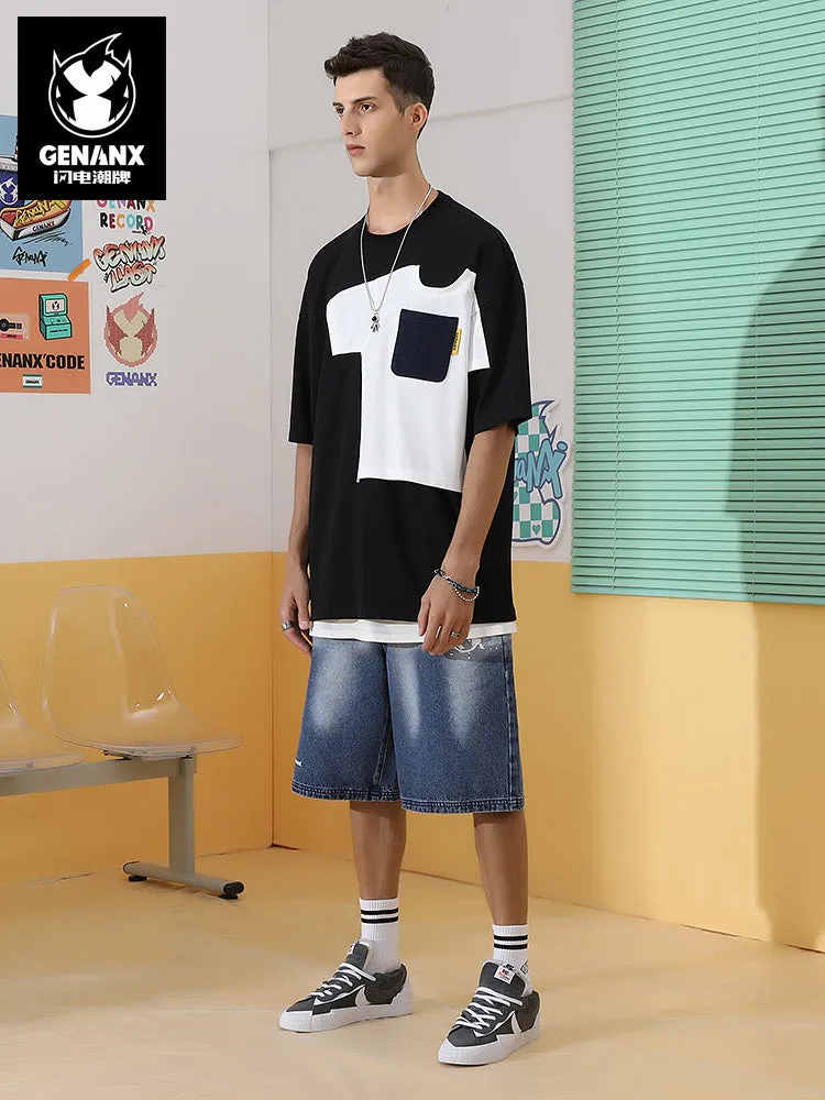 Blue and white gradient Lightning printed button belt denim quarter shorts