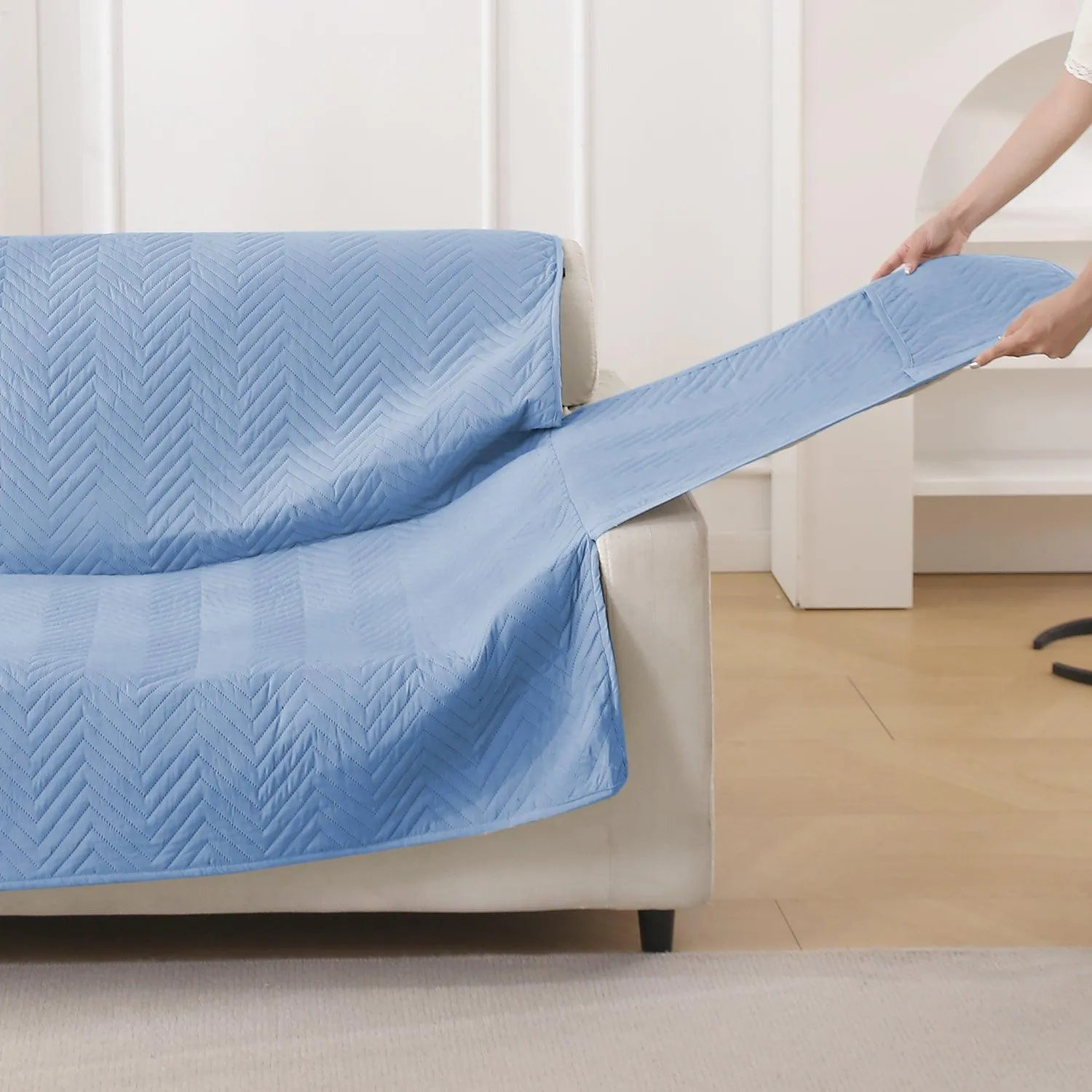 Blue Quilted Sofa Mat Cover with Pockets | Anti Slip & Full Fitted | 1/2/3 Seater