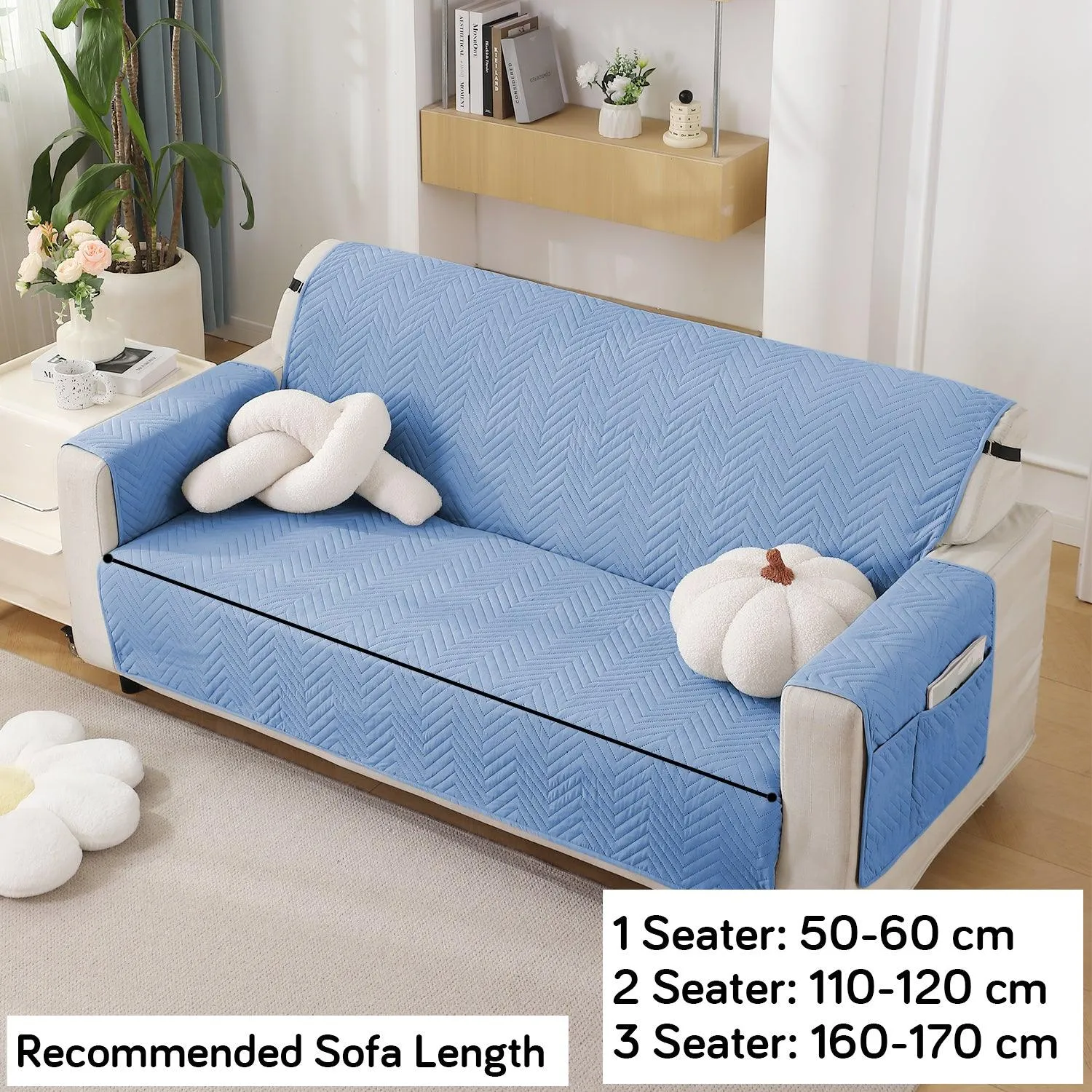 Blue Quilted Sofa Mat Cover with Pockets | Anti Slip & Full Fitted | 1/2/3 Seater