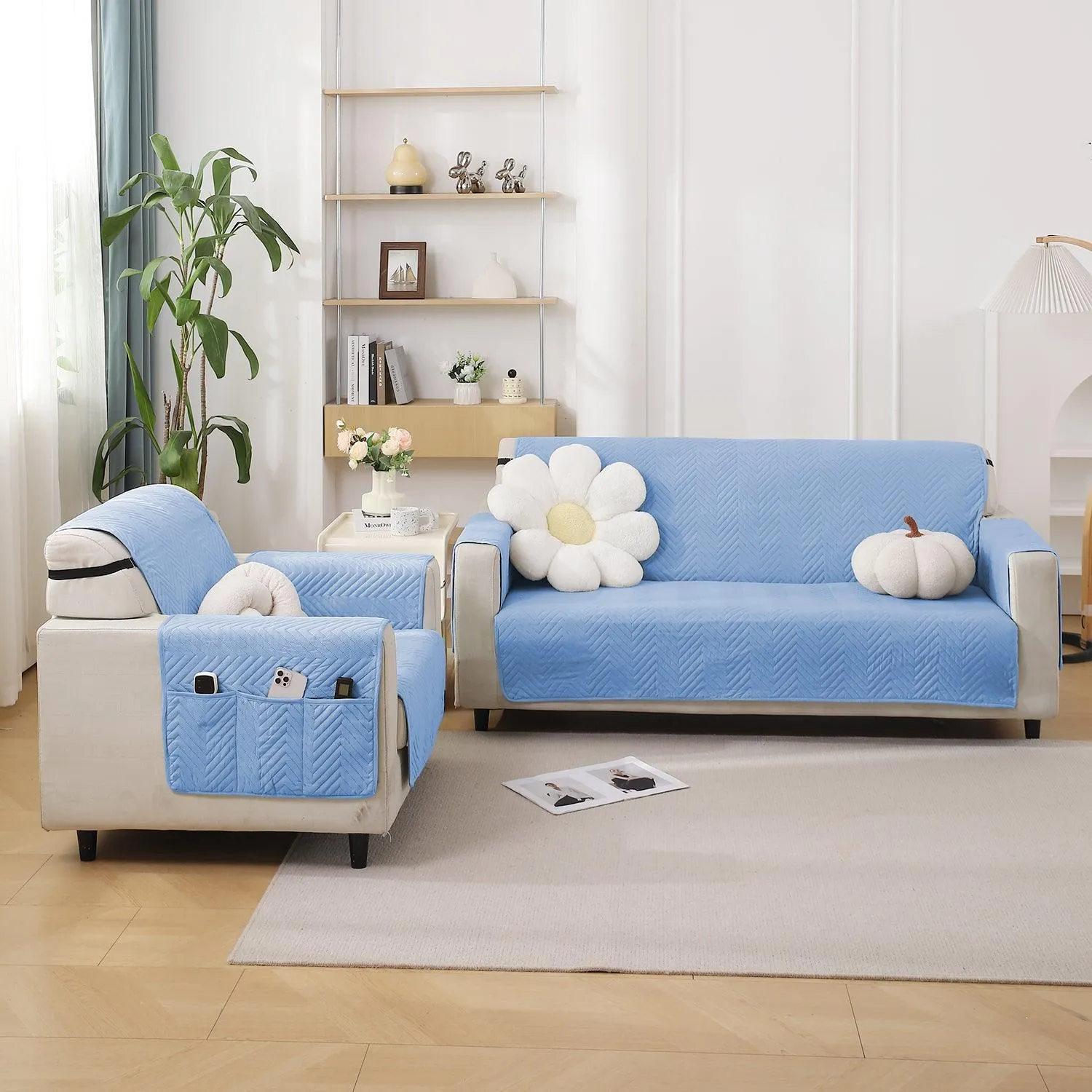 Blue Quilted Sofa Mat Cover with Pockets | Anti Slip & Full Fitted | 1/2/3 Seater