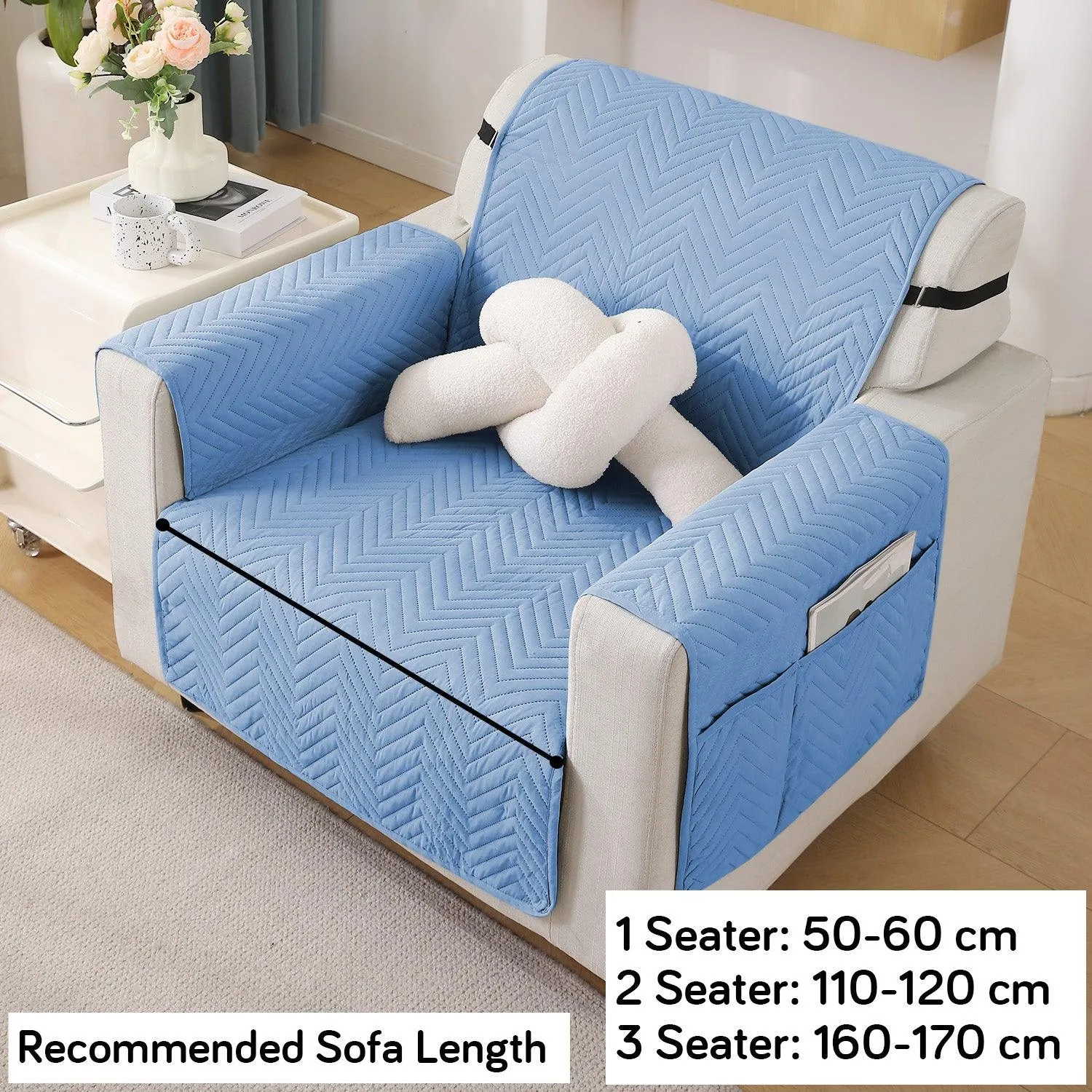 Blue Quilted Sofa Mat Cover with Pockets | Anti Slip & Full Fitted | 1/2/3 Seater