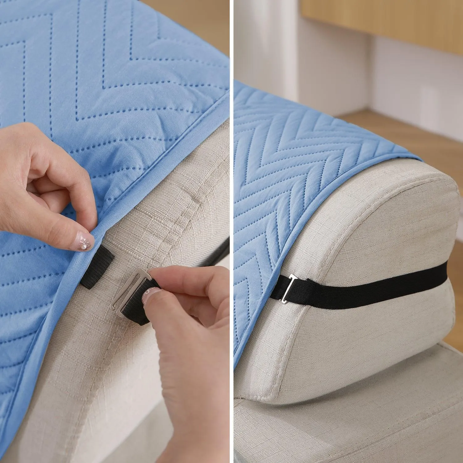 Blue Quilted Sofa Mat Cover with Pockets | Anti Slip & Full Fitted | 1/2/3 Seater