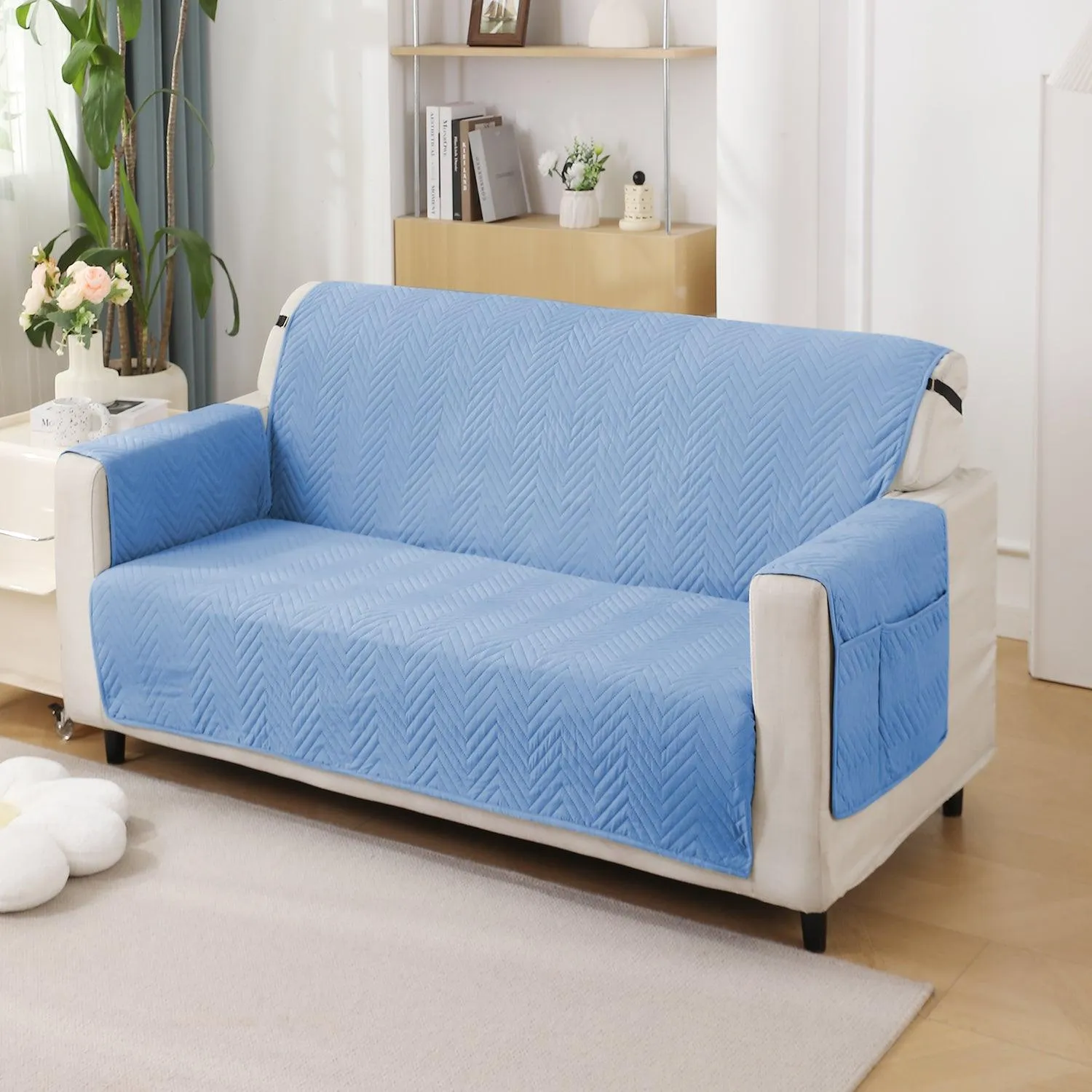 Blue Quilted Sofa Mat Cover with Pockets | Anti Slip & Full Fitted | 1/2/3 Seater