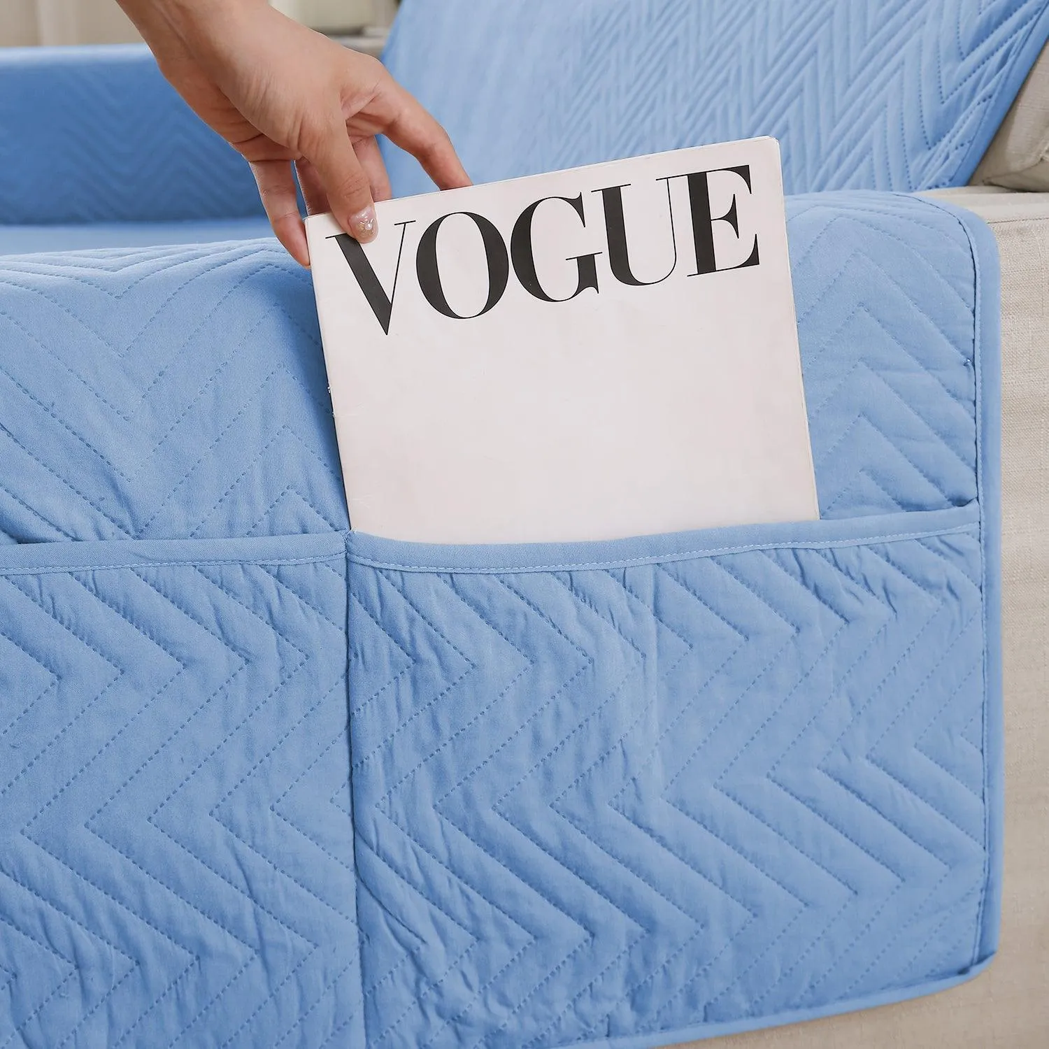 Blue Quilted Sofa Mat Cover with Pockets | Anti Slip & Full Fitted | 1/2/3 Seater