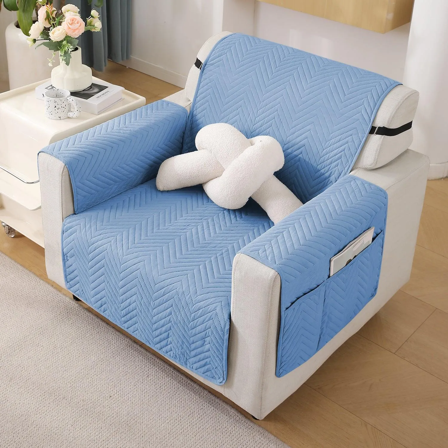 Blue Quilted Sofa Mat Cover with Pockets | Anti Slip & Full Fitted | 1/2/3 Seater