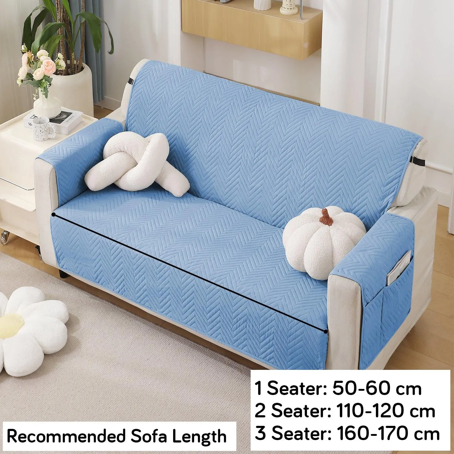 Blue Quilted Sofa Mat Cover with Pockets | Anti Slip & Full Fitted | 1/2/3 Seater