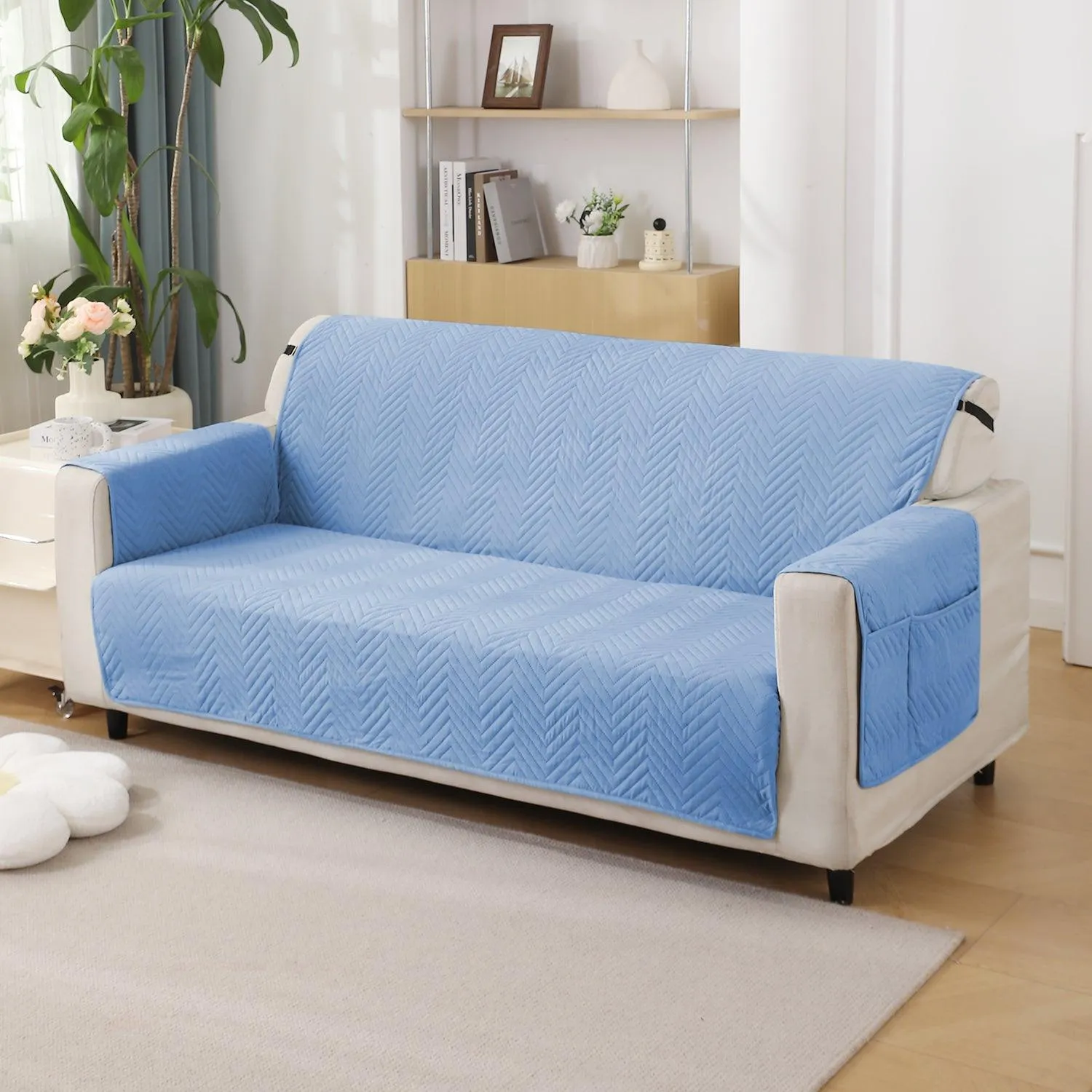 Blue Quilted Sofa Mat Cover with Pockets | Anti Slip & Full Fitted | 1/2/3 Seater