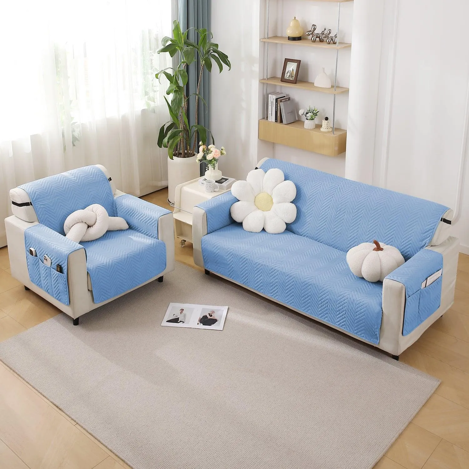Blue Quilted Sofa Mat Cover with Pockets | Anti Slip & Full Fitted | 1/2/3 Seater