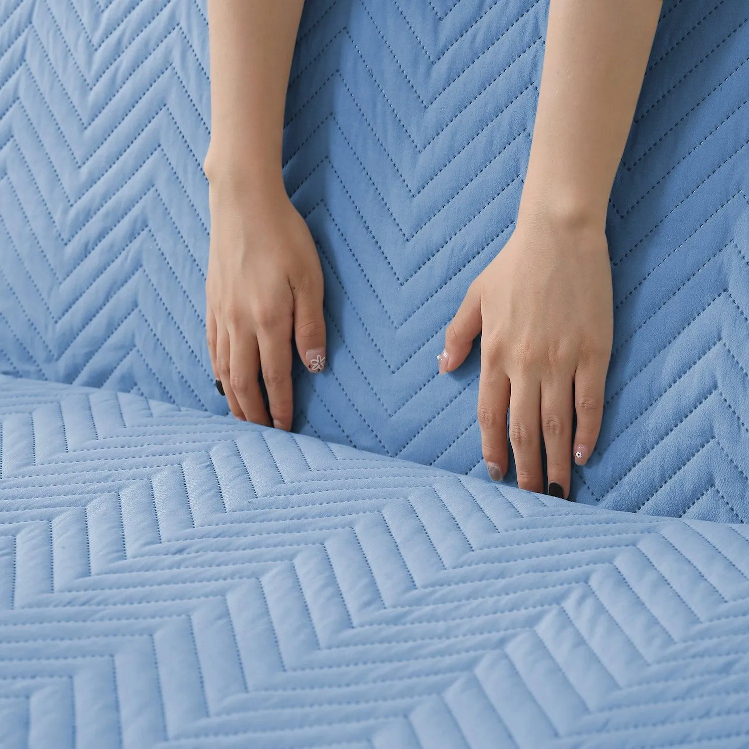 Blue Quilted Sofa Mat Cover with Pockets | Anti Slip & Full Fitted | 1/2/3 Seater