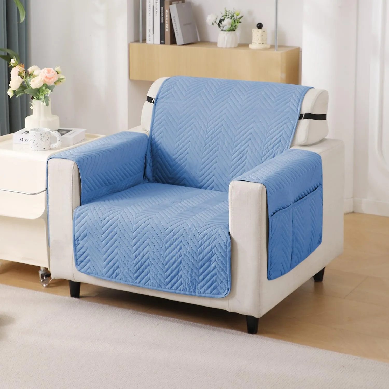 Blue Quilted Sofa Mat Cover with Pockets | Anti Slip & Full Fitted | 1/2/3 Seater