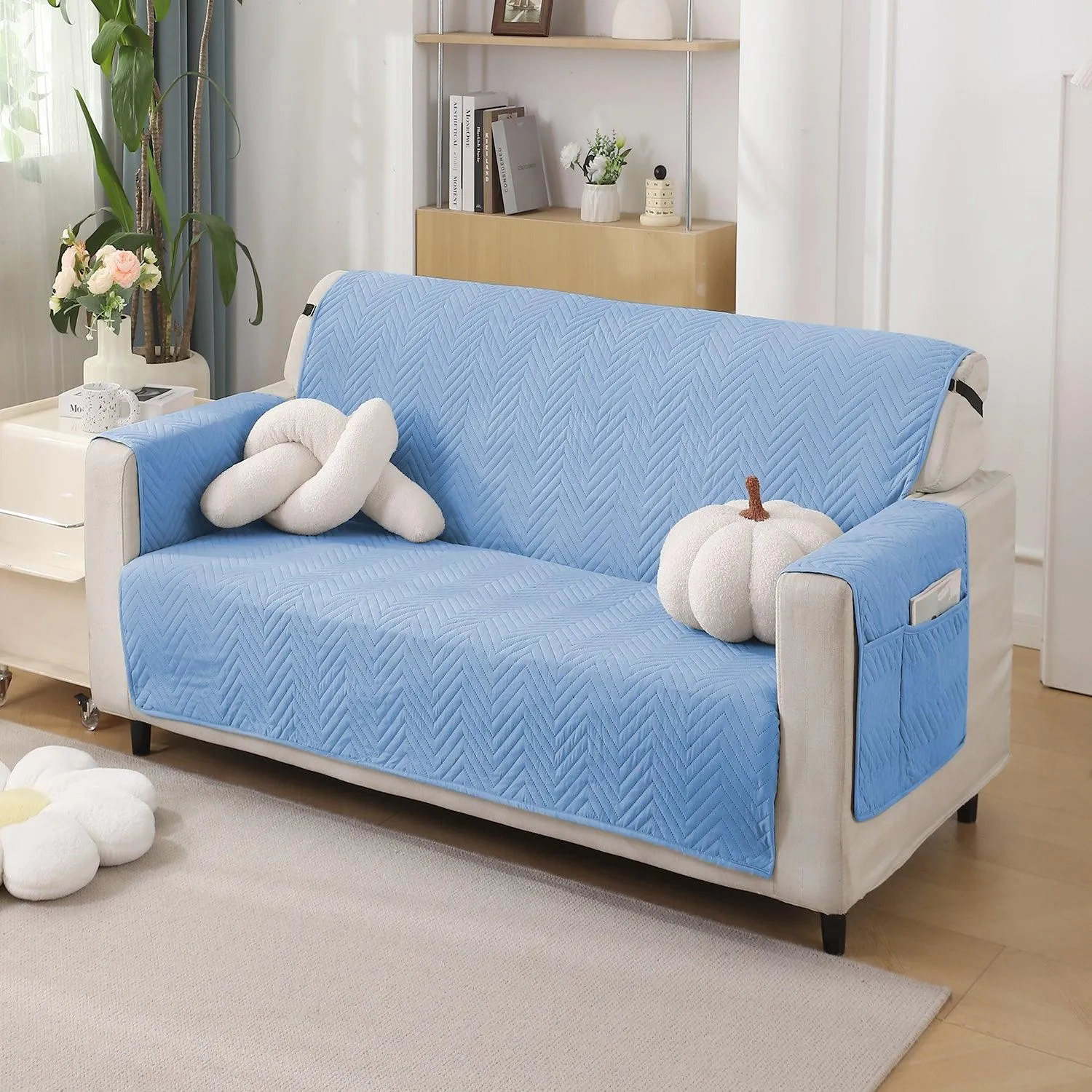 Blue Quilted Sofa Mat Cover with Pockets | Anti Slip & Full Fitted | 1/2/3 Seater