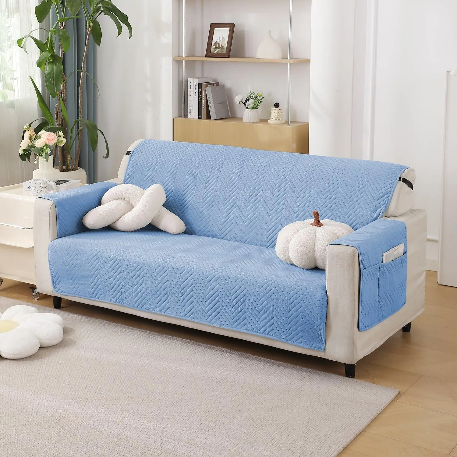 Blue Quilted Sofa Mat Cover with Pockets | Anti Slip & Full Fitted | 1/2/3 Seater