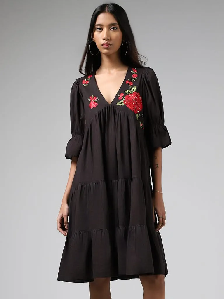 Bombay Paisley Black Floral Embroidered Cotton Tiered Dress