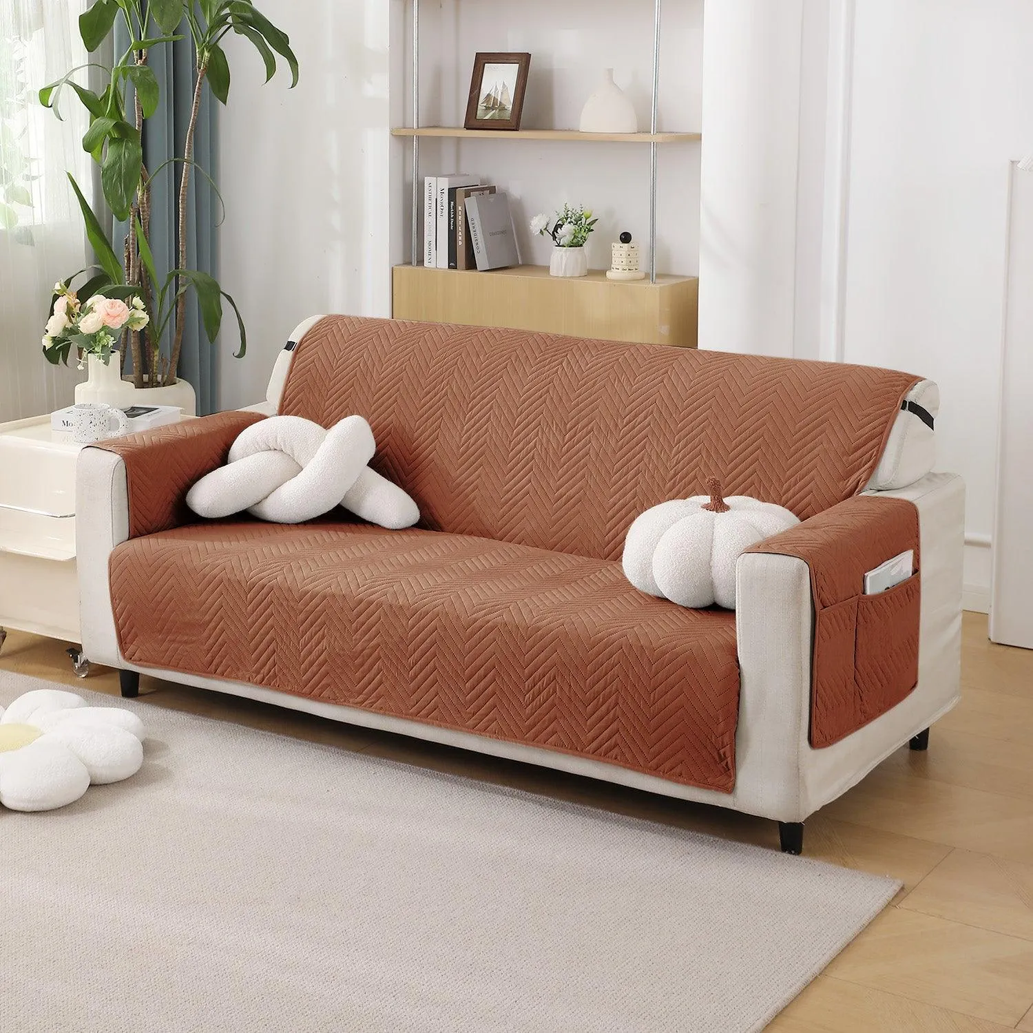 Brown Quilted Sofa Mat Cover with Pockets | Non Slip & Full Fitted | 1/2/3 Seater