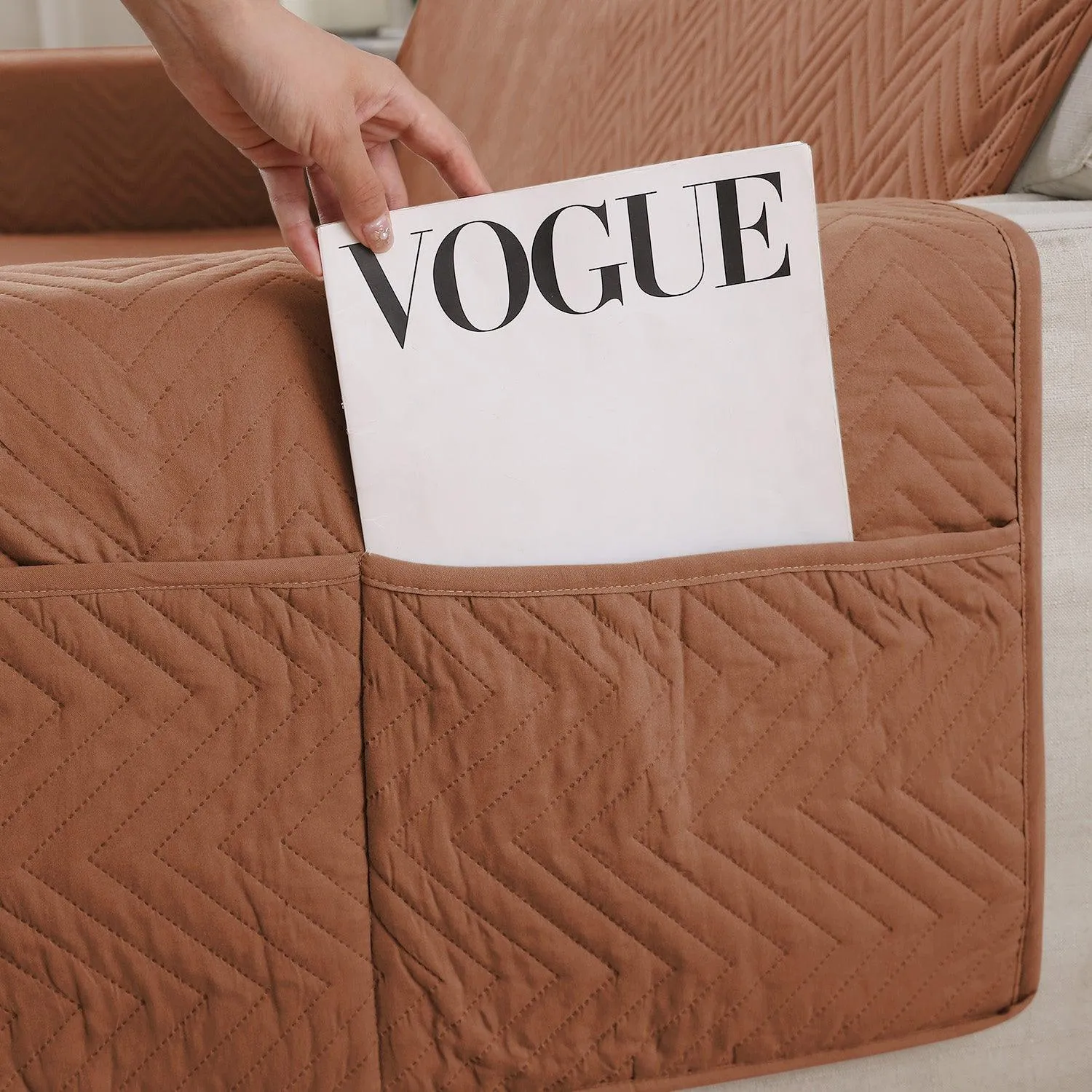 Brown Quilted Sofa Mat Cover with Pockets | Non Slip & Full Fitted | 1/2/3 Seater