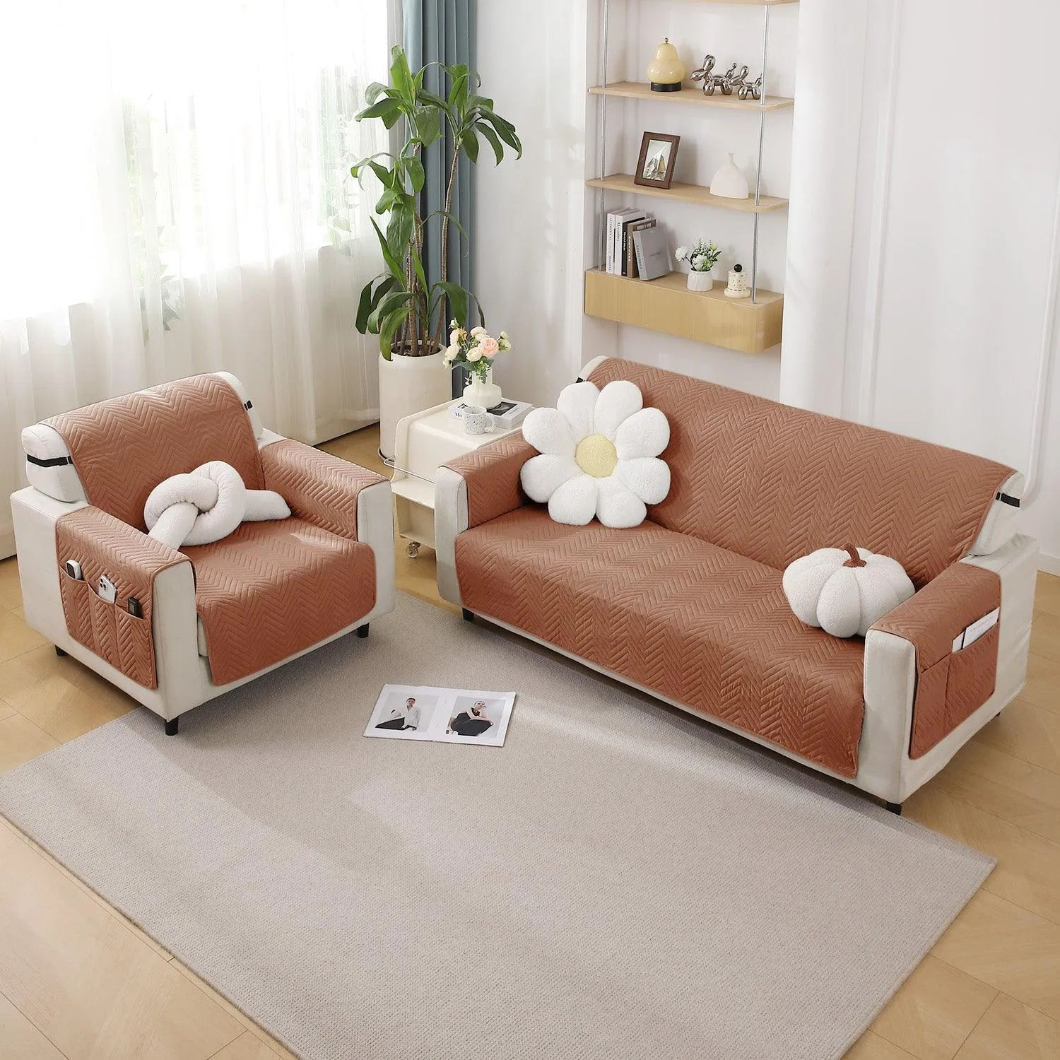 Brown Quilted Sofa Mat Cover with Pockets | Non Slip & Full Fitted | 1/2/3 Seater