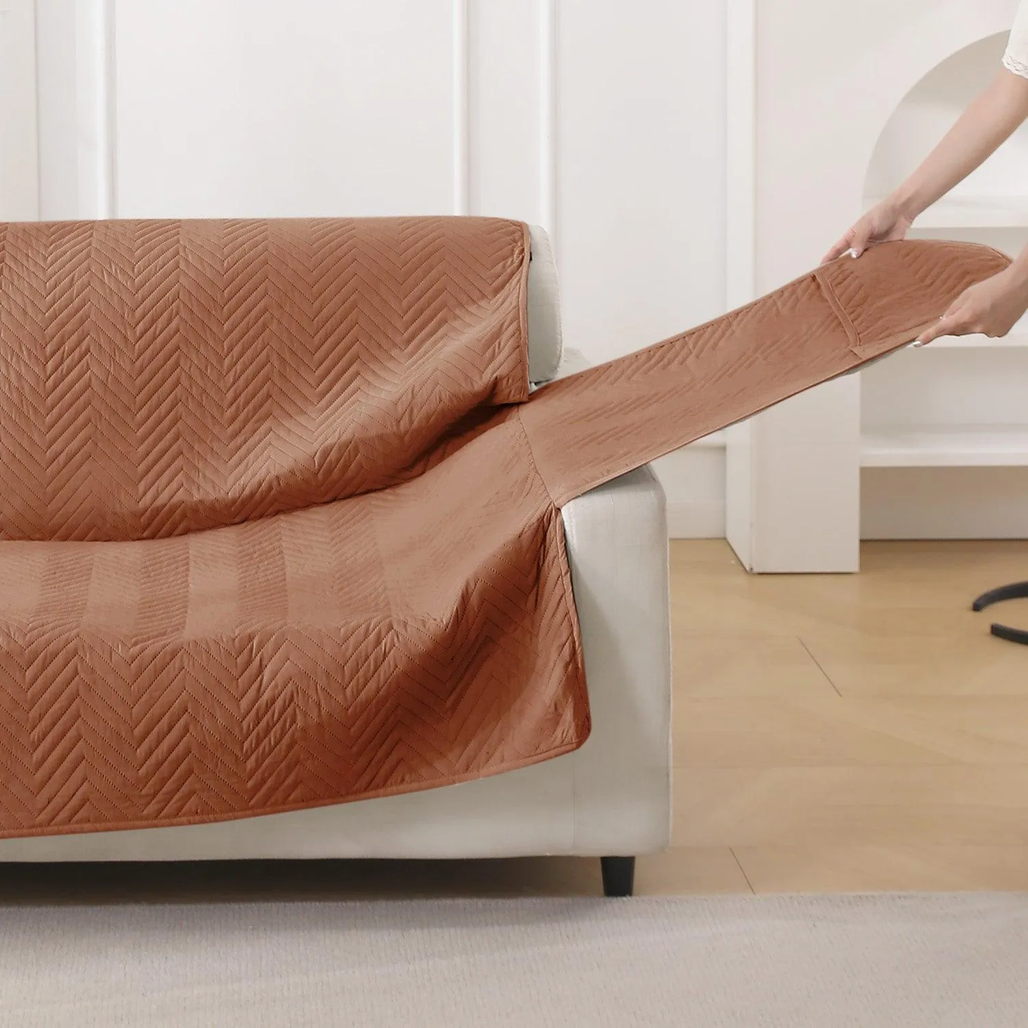 Brown Quilted Sofa Mat Cover with Pockets | Non Slip & Full Fitted | 1/2/3 Seater