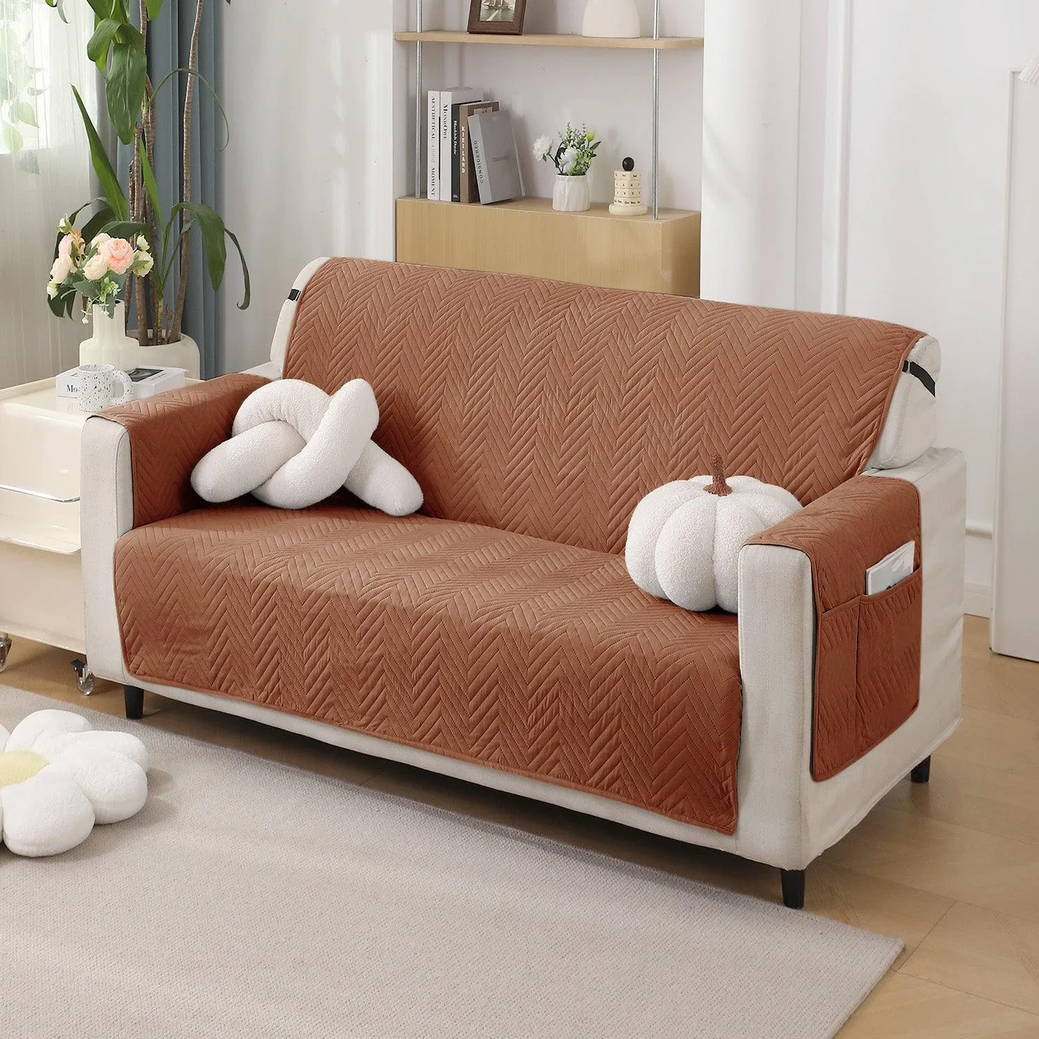 Brown Quilted Sofa Mat Cover with Pockets | Non Slip & Full Fitted | 1/2/3 Seater