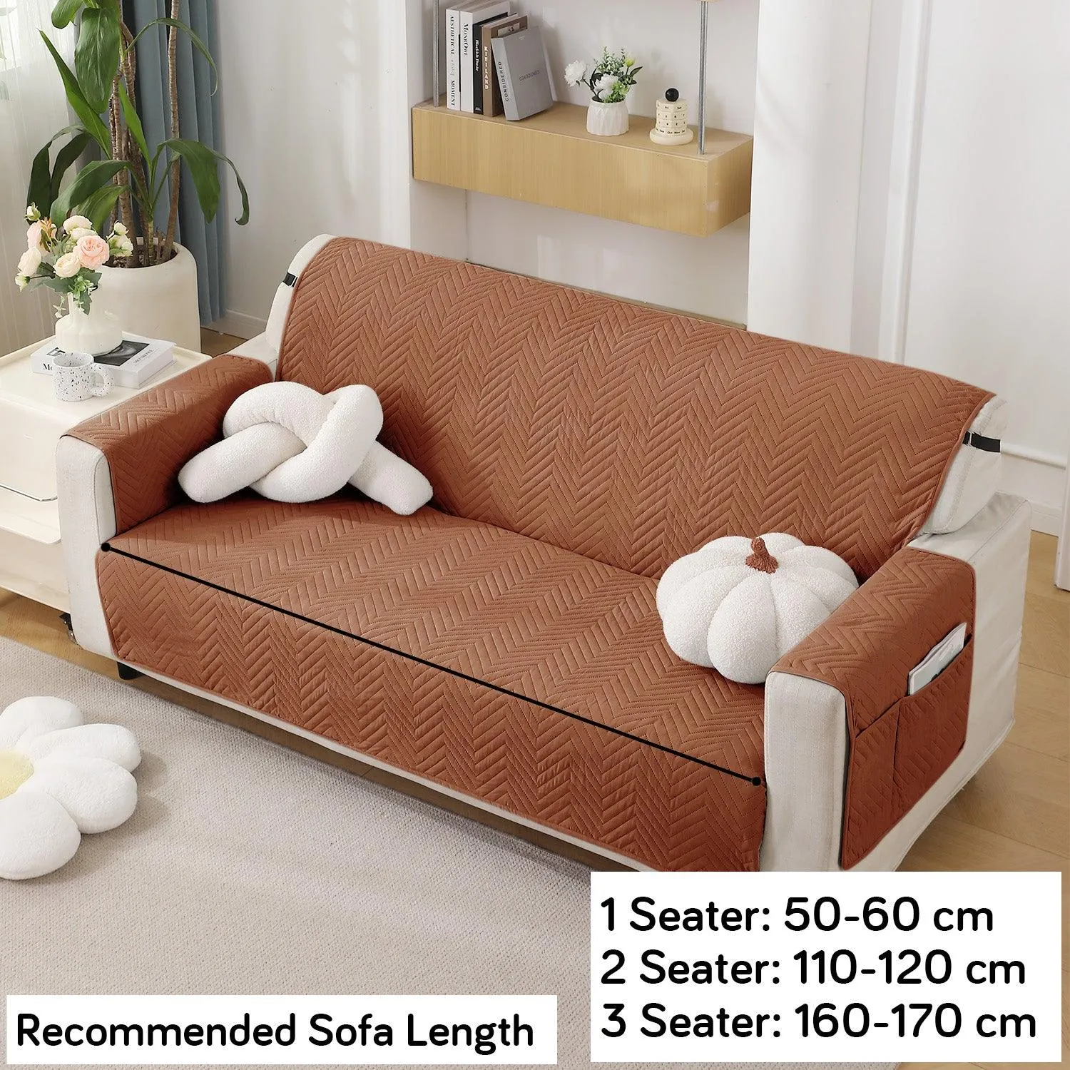 Brown Quilted Sofa Mat Cover with Pockets | Non Slip & Full Fitted | 1/2/3 Seater