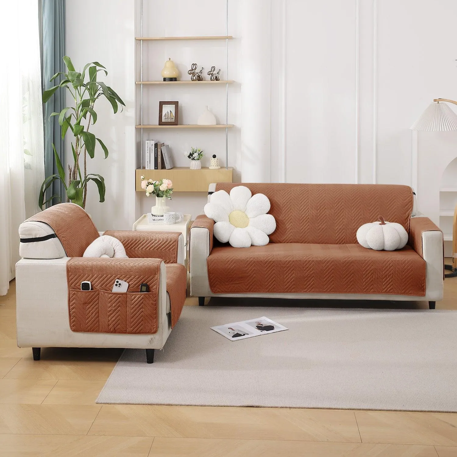 Brown Quilted Sofa Mat Cover with Pockets | Non Slip & Full Fitted | 1/2/3 Seater
