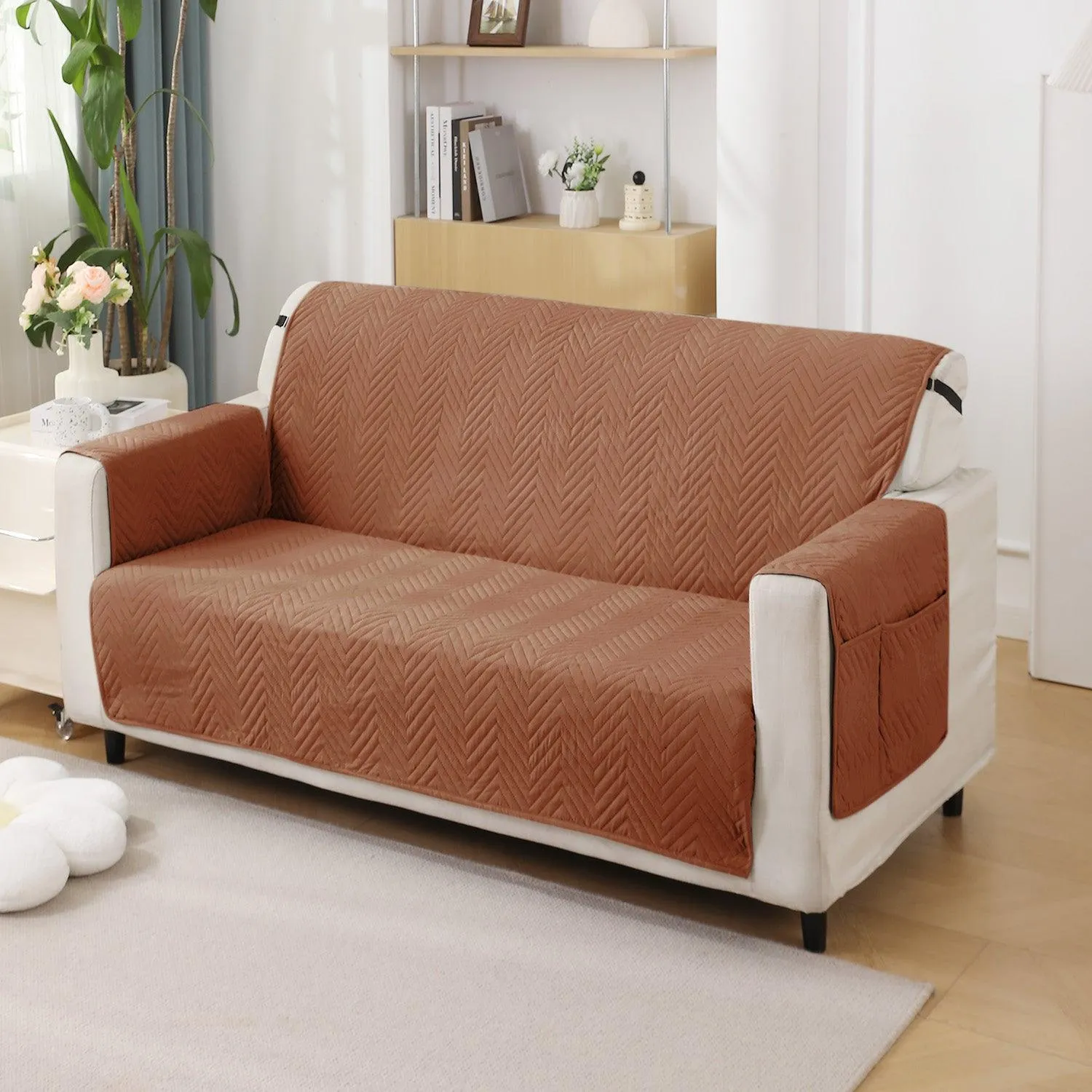 Brown Quilted Sofa Mat Cover with Pockets | Non Slip & Full Fitted | 1/2/3 Seater