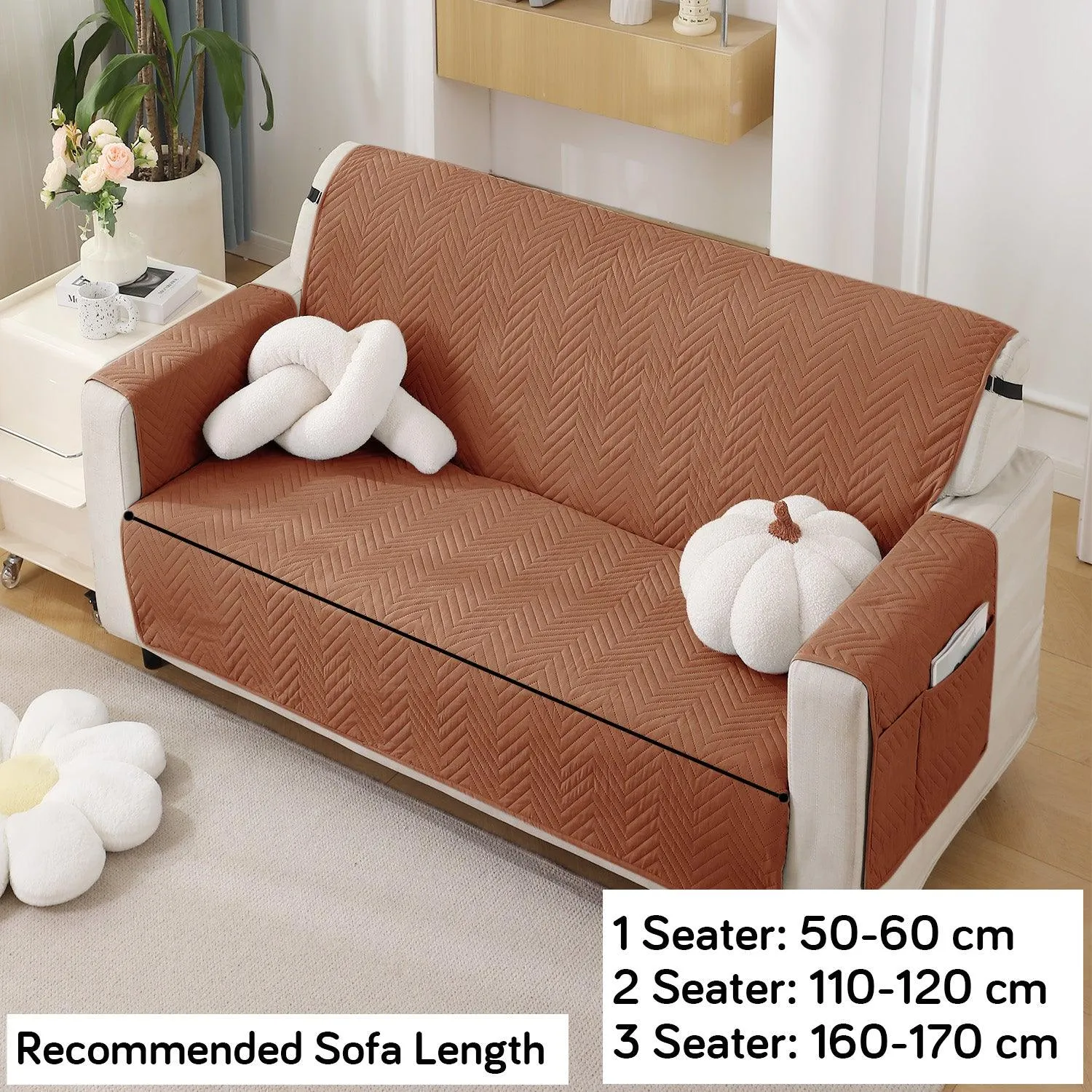 Brown Quilted Sofa Mat Cover with Pockets | Non Slip & Full Fitted | 1/2/3 Seater