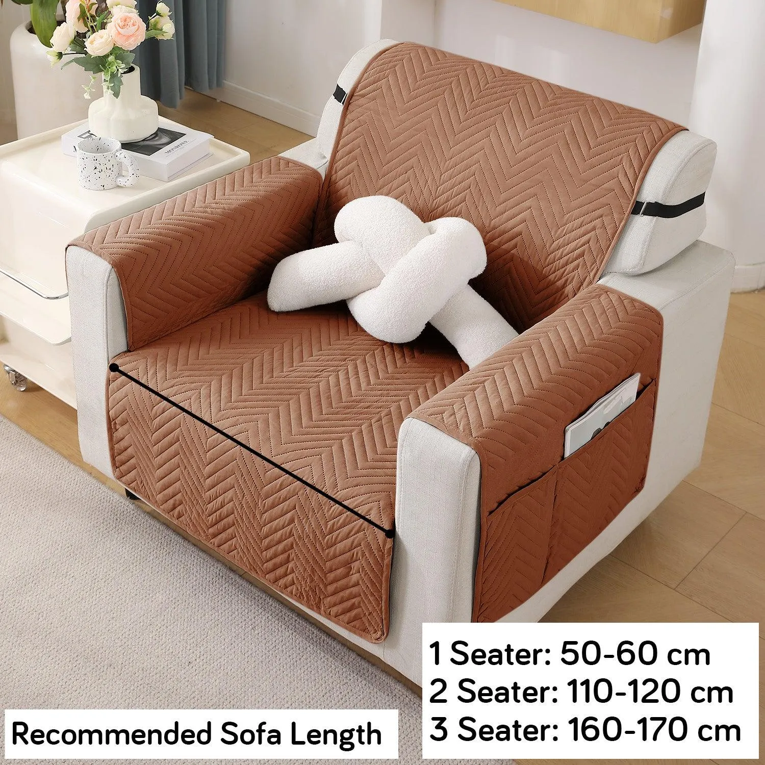 Brown Quilted Sofa Mat Cover with Pockets | Non Slip & Full Fitted | 1/2/3 Seater