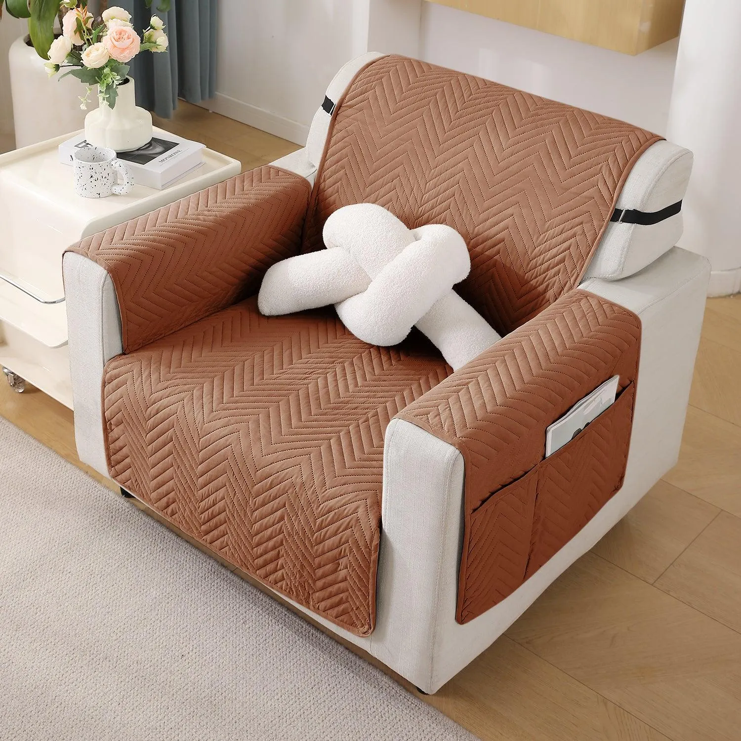 Brown Quilted Sofa Mat Cover with Pockets | Non Slip & Full Fitted | 1/2/3 Seater