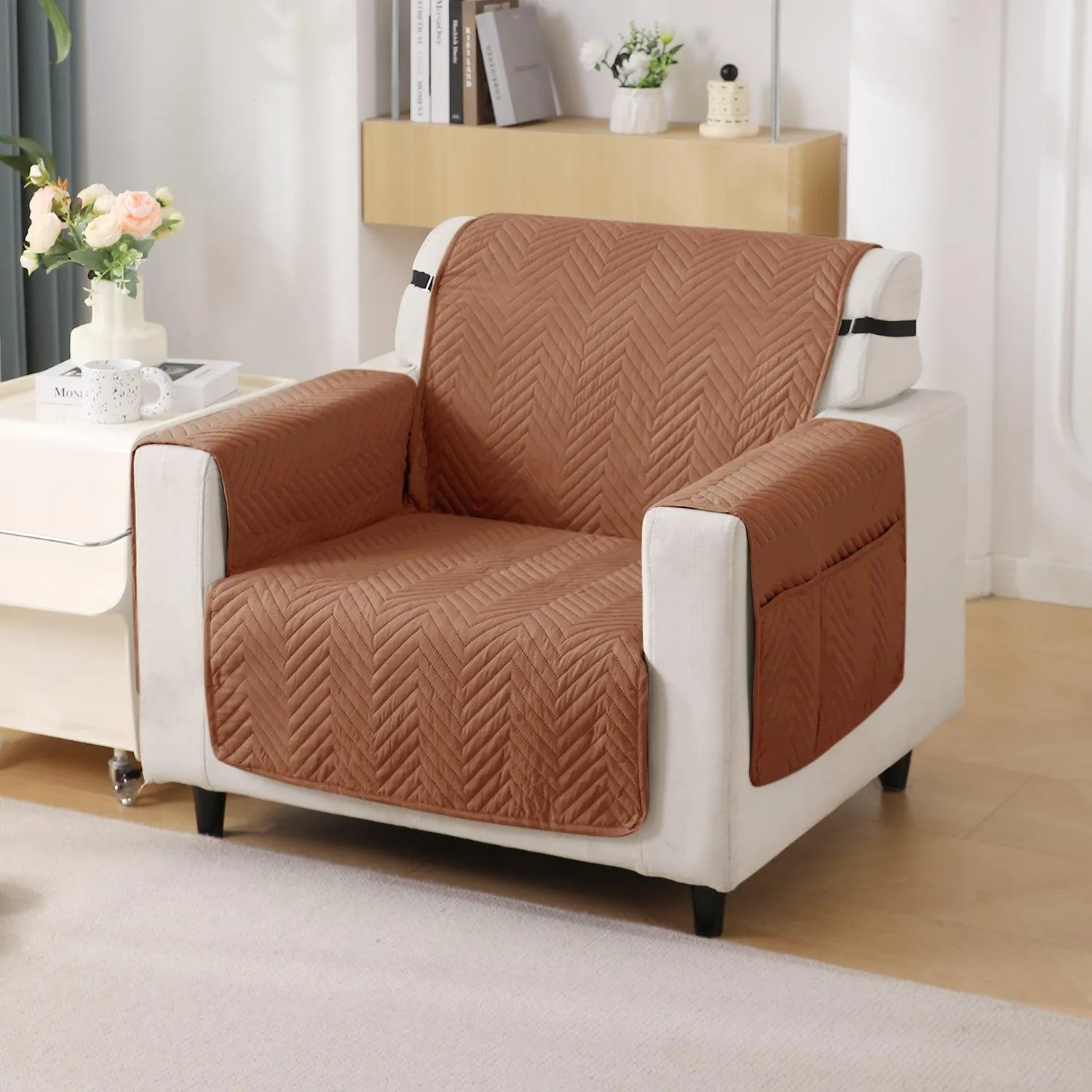 Brown Quilted Sofa Mat Cover with Pockets | Non Slip & Full Fitted | 1/2/3 Seater