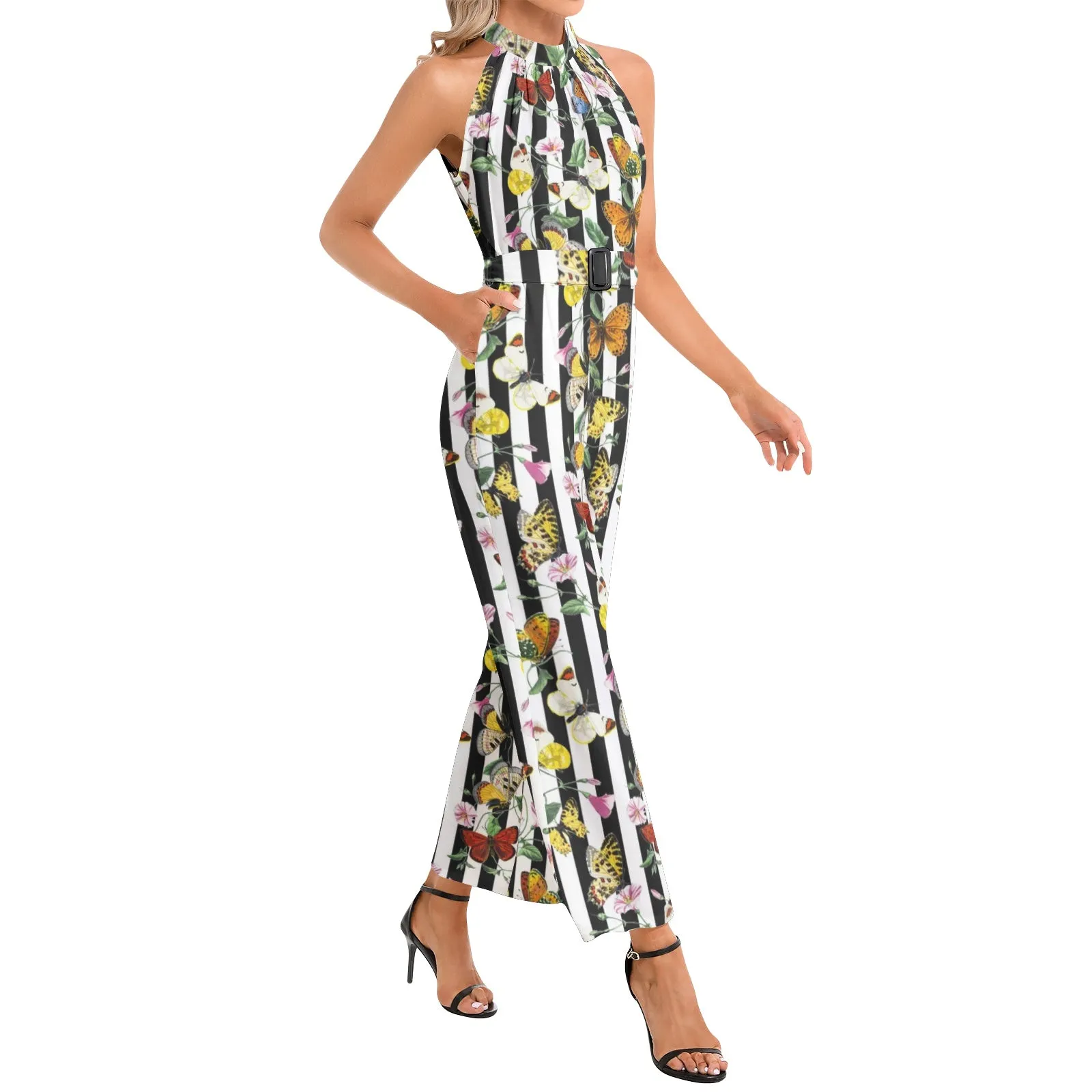 Butterfly Print Halter Neck Buckle Belted Jumpsuit