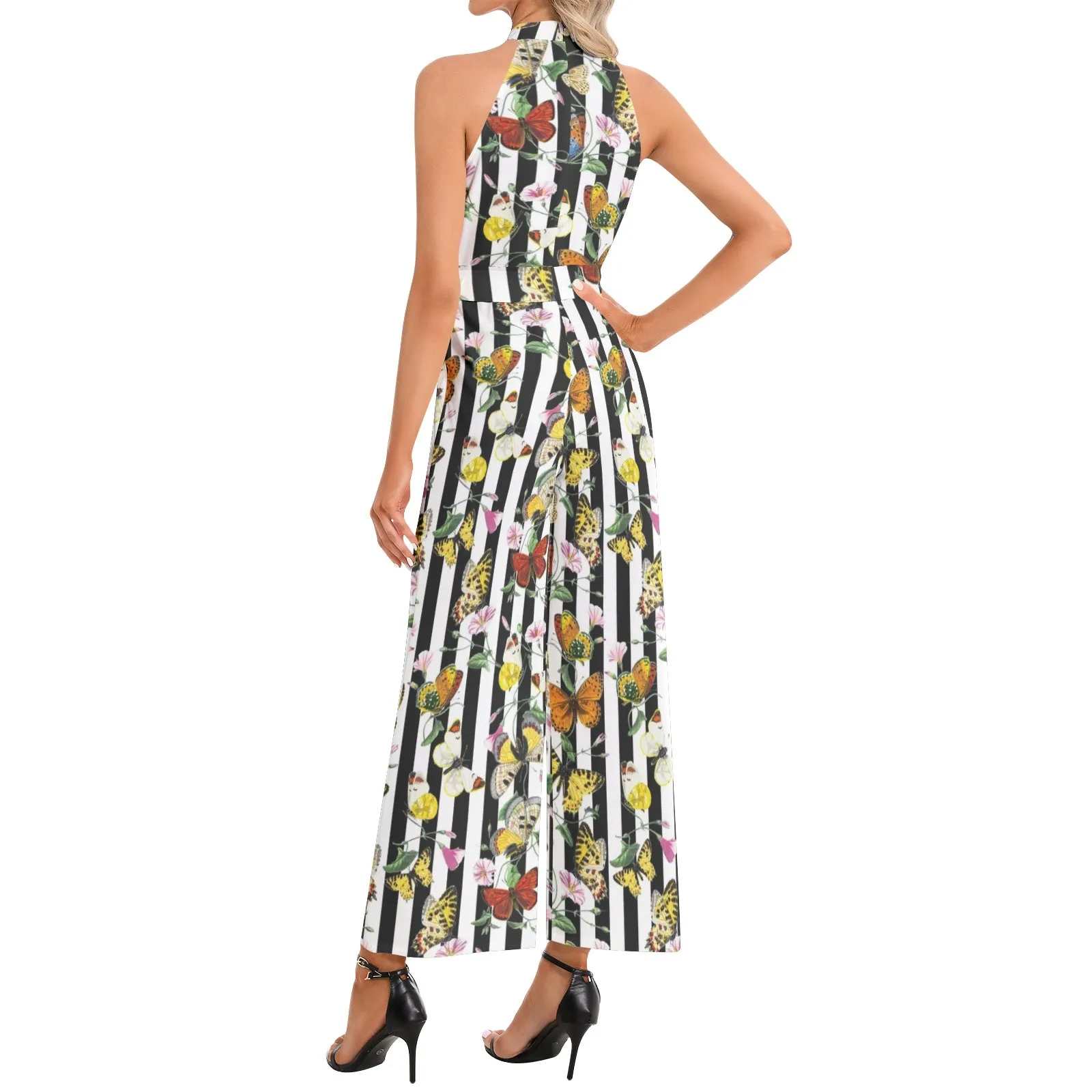 Butterfly Print Halter Neck Buckle Belted Jumpsuit