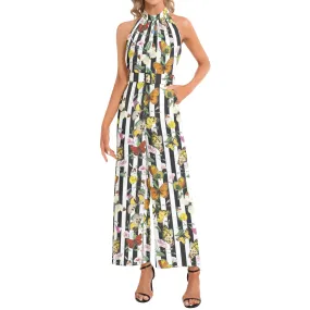 Butterfly Print Halter Neck Buckle Belted Jumpsuit
