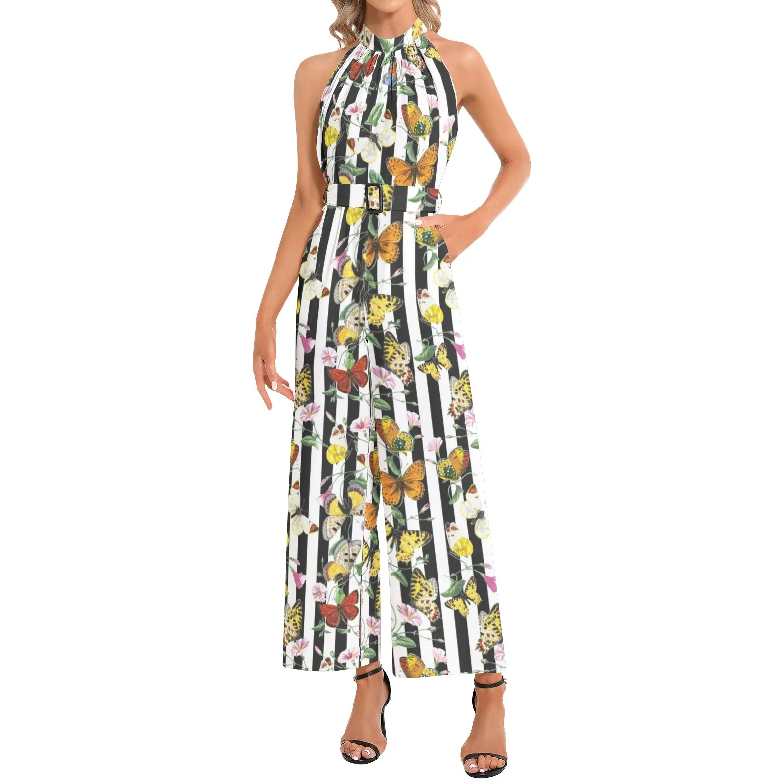 Butterfly Print Halter Neck Buckle Belted Jumpsuit