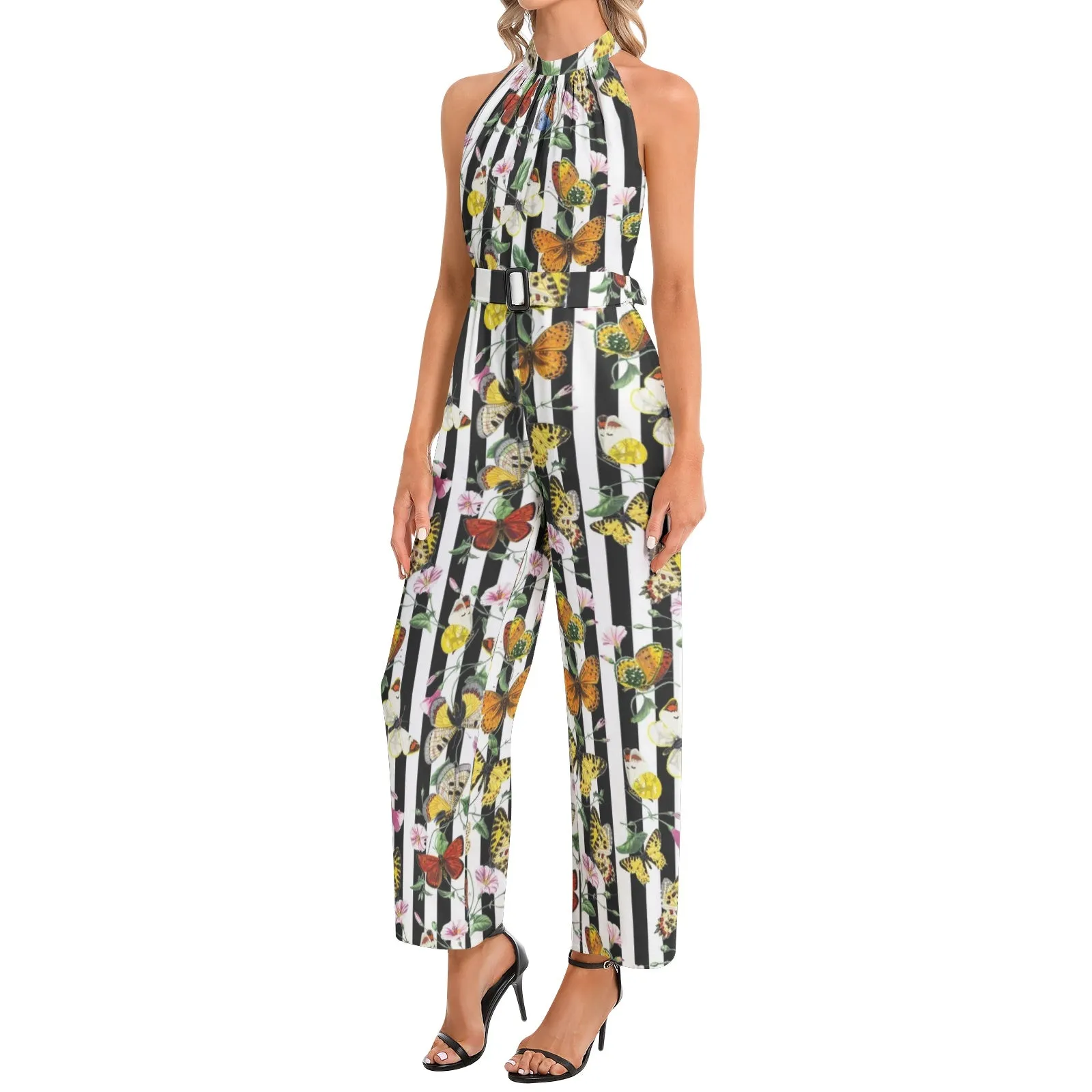 Butterfly Print Halter Neck Buckle Belted Jumpsuit