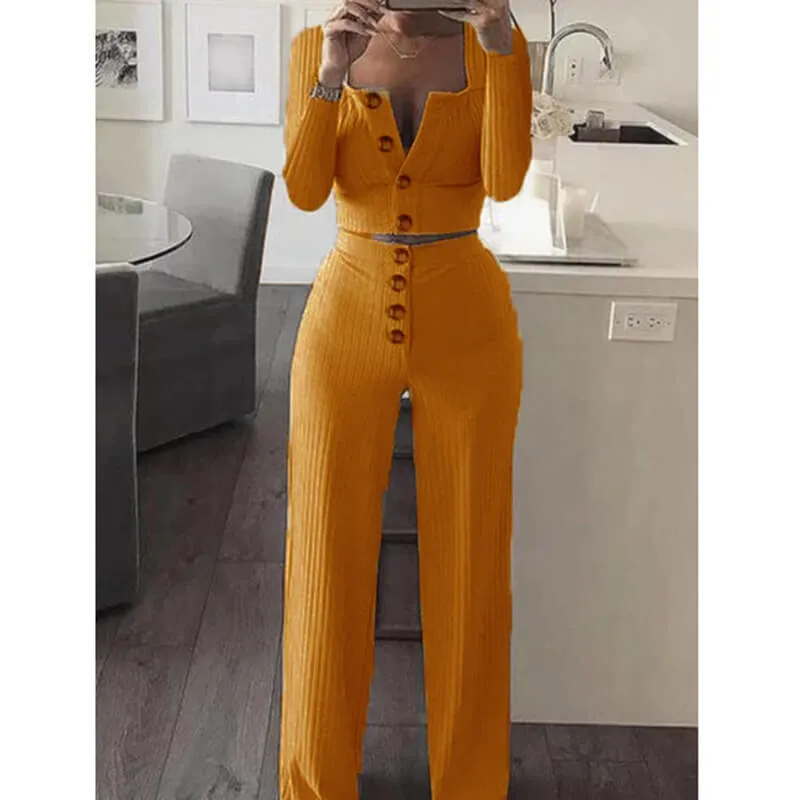 Button Crop Top Long High Waist Pencil Pants Set