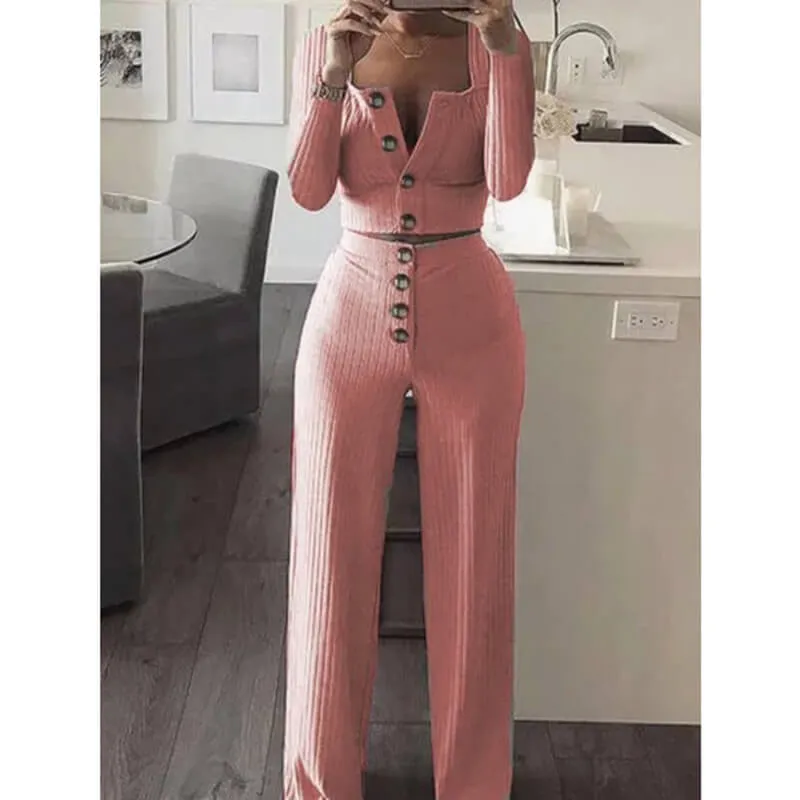 Button Crop Top Long High Waist Pencil Pants Set