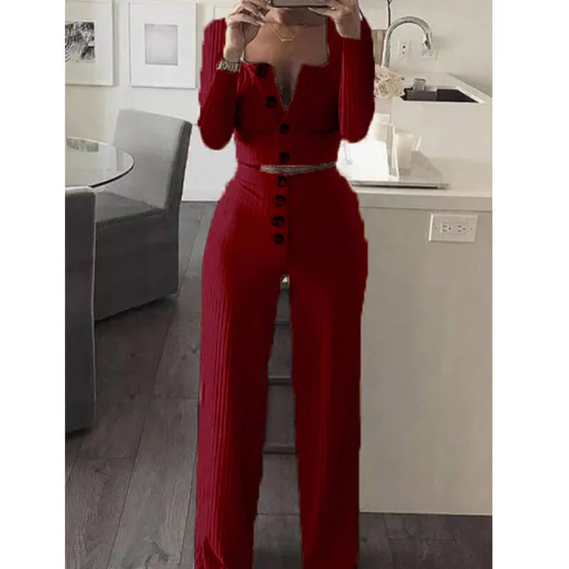 Button Crop Top Long High Waist Pencil Pants Set