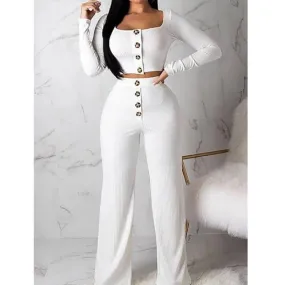 Button Crop Top Long High Waist Pencil Pants Set
