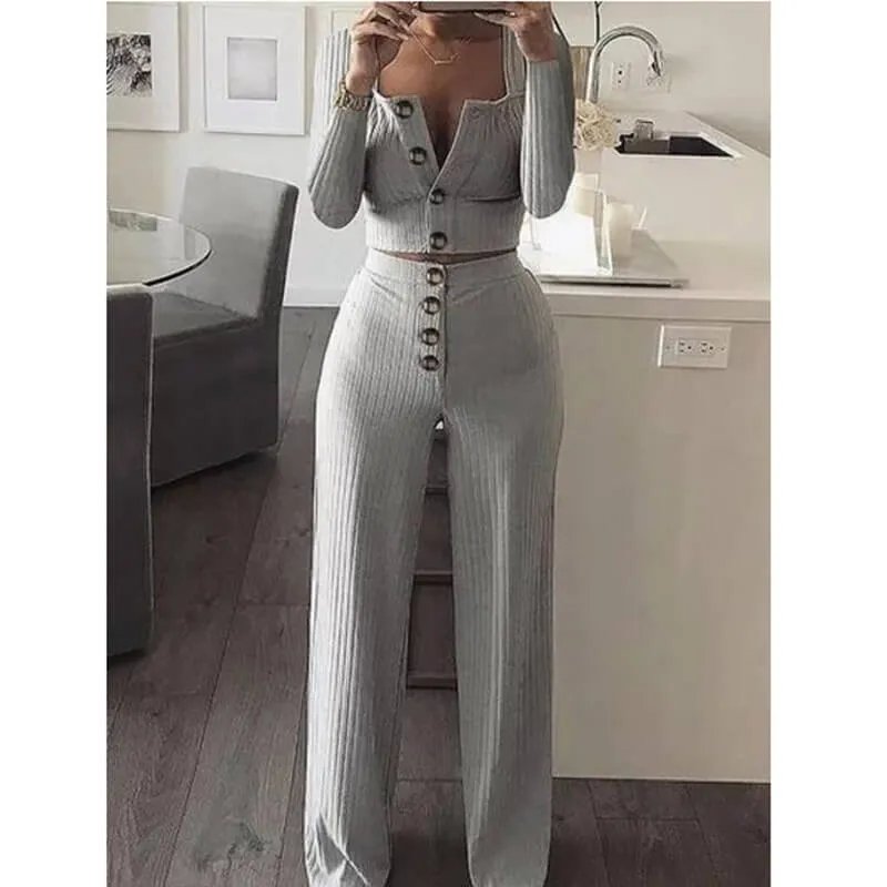 Button Crop Top Long High Waist Pencil Pants Set