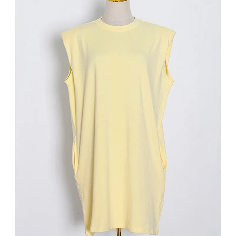 Casual Loose Mini Dress For Women Round Neck Sleeveless Solid Minimalist Dresses Female Korean Fashion Clothing