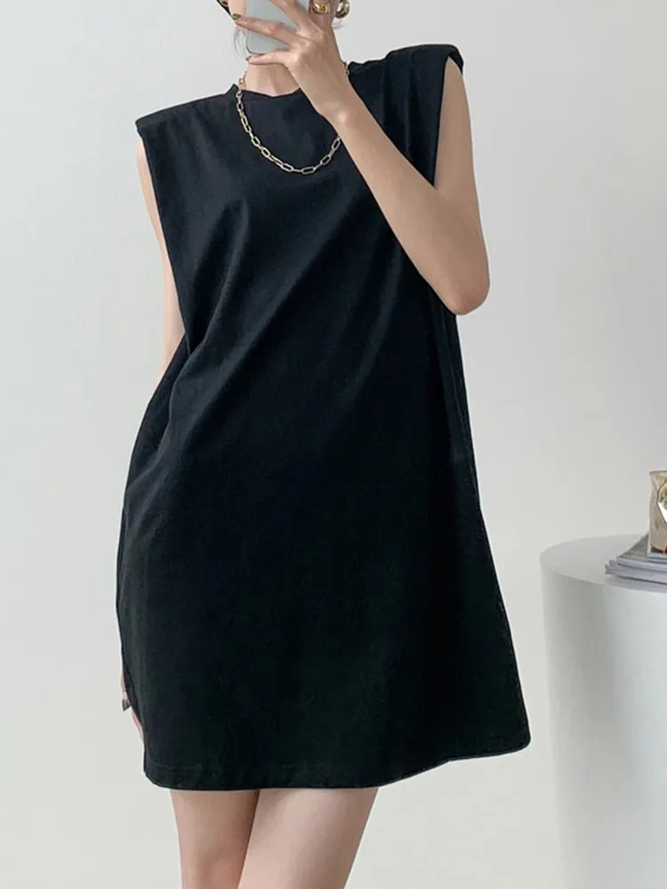 Casual Loose Mini Dress For Women Round Neck Sleeveless Solid Minimalist Dresses Female Korean Fashion Clothing