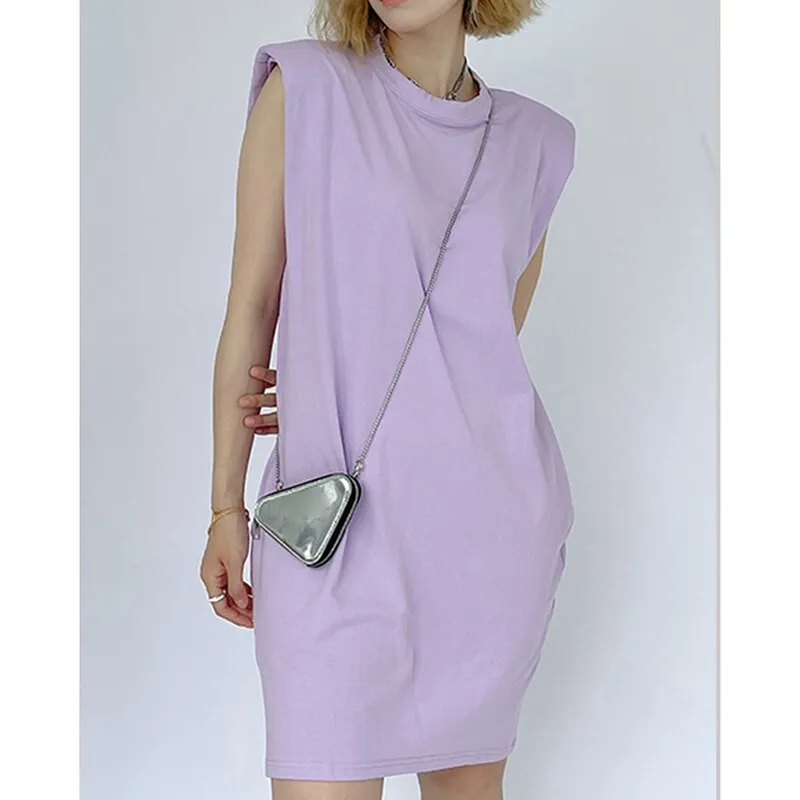 Casual Loose Mini Dress For Women Round Neck Sleeveless Solid Minimalist Dresses Female Korean Fashion Clothing