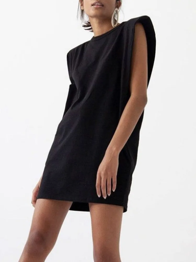 Casual Loose Mini Dress For Women Round Neck Sleeveless Solid Minimalist Dresses Female Korean Fashion Clothing