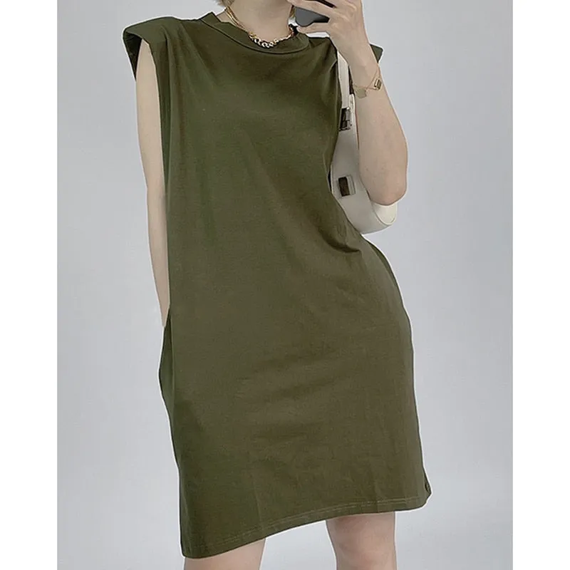 Casual Loose Mini Dress For Women Round Neck Sleeveless Solid Minimalist Dresses Female Korean Fashion Clothing