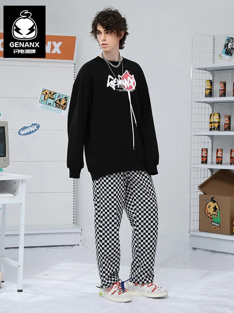 Checkerboard Label Stretch Rope Casual Pants