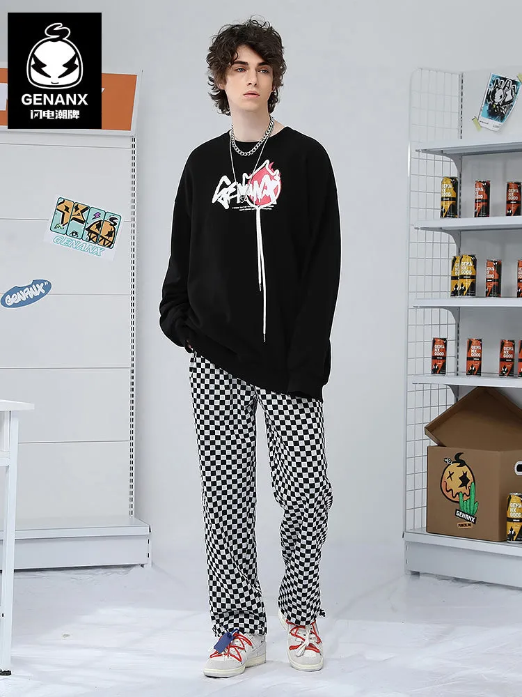 Checkerboard Label Stretch Rope Casual Pants