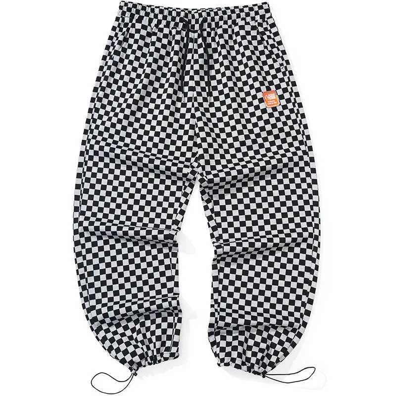 Checkerboard Label Stretch Rope Casual Pants